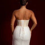 Luna Pearl white and sequin dress with beading all all over with a crescent moon neckline