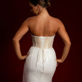 Luna Pearl white and sequin dress with beading all all over with a crescent moon neckline