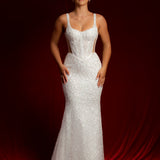 Straight neck bustier cups sparkling white lace mermaid dress with nude sides