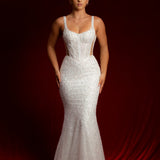 Straight neck bustier cups sparkling white lace mermaid dress with nude sides