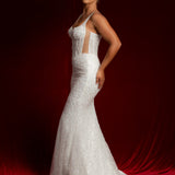 Straight neck bustier cups sparkling white lace mermaid dress with nude sides