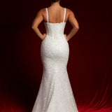 Straight neck bustier cups sparkling white lace mermaid dress with nude sides