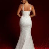 Straight neck bustier cups sparkling white lace mermaid dress with nude sides