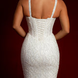 Straight neck bustier cups sparkling white lace mermaid dress with nude sides