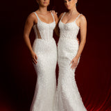 Straight neck bustier cups sparkling white lace mermaid dress with nude sides