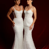 Straight neck bustier cups sparkling white lace mermaid dress with nude sides