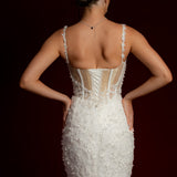 Scoop neck bustier cups sparkling white lace mermaid dress with nude sides