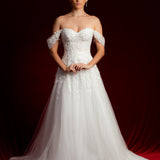 Bustier top floral details tulle wedding dress with high leg slit for hire