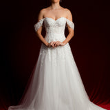 Bustier top floral details tulle wedding dress with high leg slit for hire