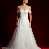 Bustier top floral details tulle wedding dress with high leg slit for hire