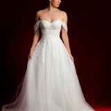 Bustier top floral details tulle wedding dress with high leg slit for hire