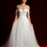 Bustier top floral details tulle wedding dress with high leg slit for hire