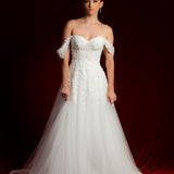 Bustier top floral details tulle wedding dress with high leg slit for hire