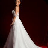 Bustier top floral details tulle wedding dress with high leg slit for hire