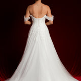 Bustier top floral details tulle wedding dress with high leg slit for hire