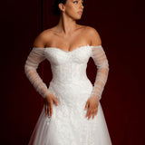 Floral Lace Sparkling dress of the shoulder long sleeve dress For Hire