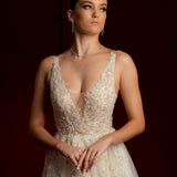 Champagne v-neck beaded lace princess dress for hire