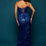 Beaded royal blue wavy neckline mermaid dress with lace up back for hire