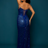 Beaded royal blue wavy neckline mermaid dress with lace up back for hire