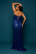 Beaded royal blue wavy neckline mermaid dress with lace up back