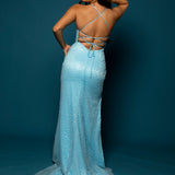 Baby blue beaded dress with crescent moom neckline and high slit for hire