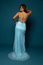 Felicity baby blue beaded dress with crescent moom neckline and high slit for hire