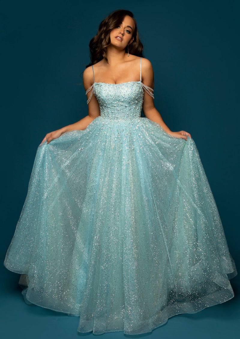 Sparkling baby blue princess dress with crescent moon neckline and crystal off the shoulders
