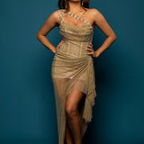 Gold mesh ruching top with lace up back dress with crystal gold strap details