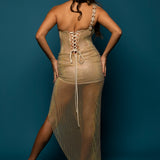 Gold mesh ruching top with lace up back dress with crystal gold strap details