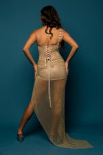 Gold mesh ruching top with lace up back dress with crystal gold strap details