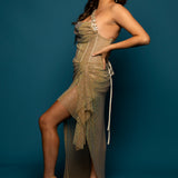 Gold mesh ruching top with lace up back dress with crystal gold strap details for hire