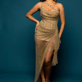 Gold mesh ruching top with lace up back dress with crystal gold strap details