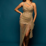 Gold mesh ruching top with lace up back dress with crystal gold strap details for hire