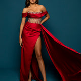 Red satin column dress with off the shoulder and high slit for hire