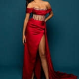 Red satin column dress with off the shoulder and high slit for hire