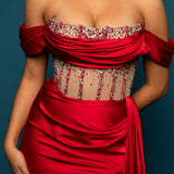 Red satin column dress with off the shoulder and high slit for hire