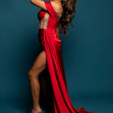 Red satin column dress with off the shoulder and high slit for hire