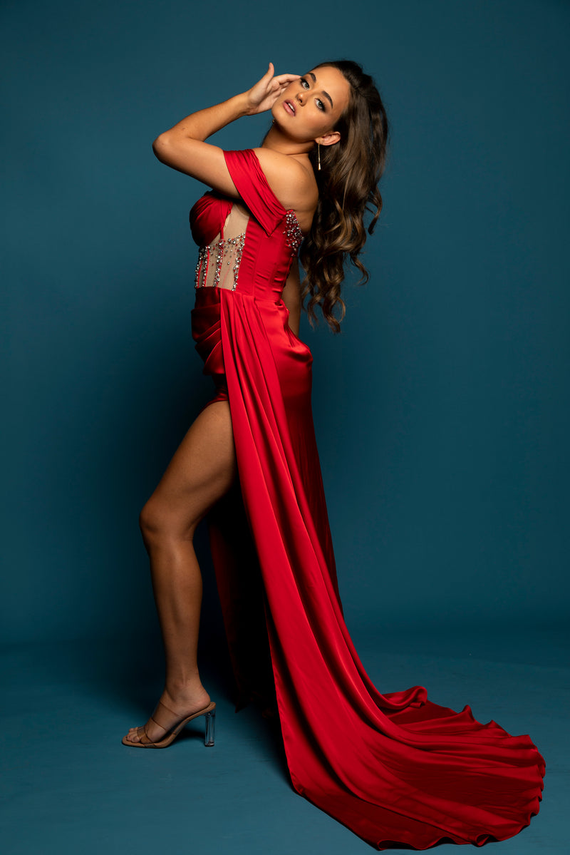 Red satin column dress with off the shoulder and high slit