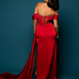 Red satin column dress with off the shoulder and high slit for hire