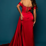 Red satin column dress with off the shoulder and high slit for hire