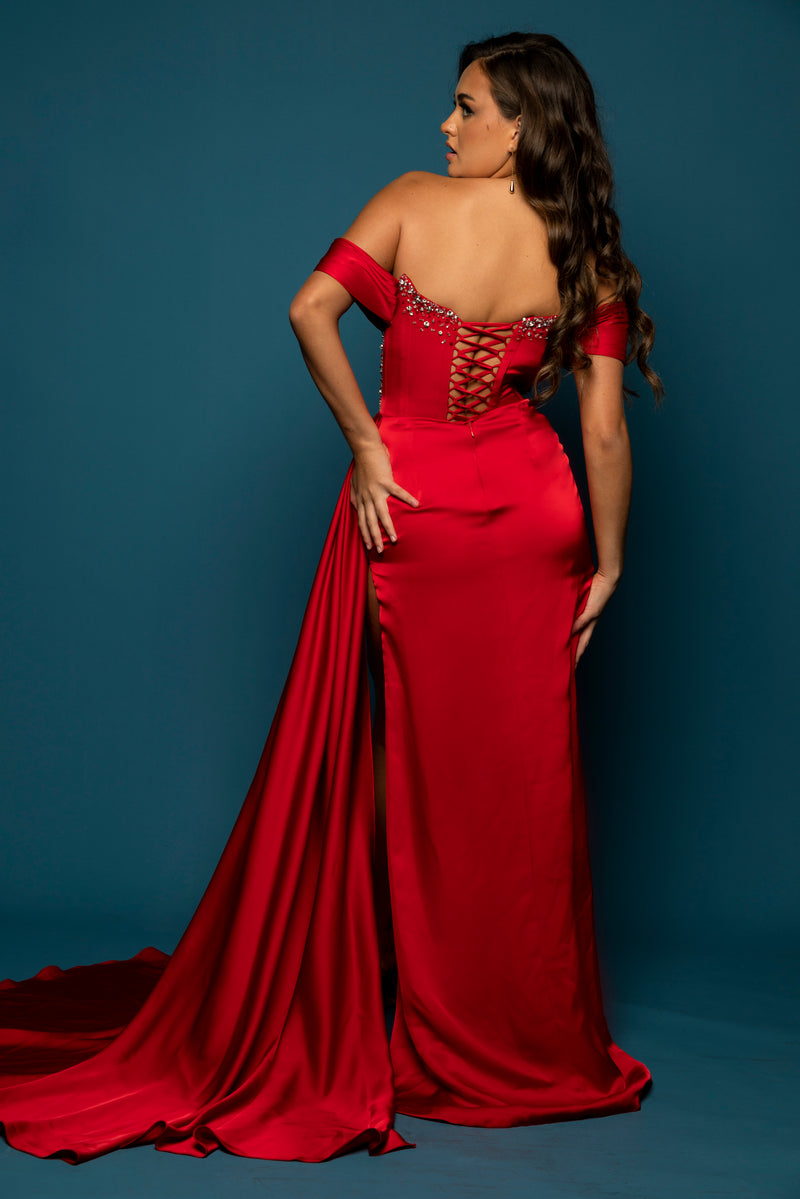 Cecilia in red satin column dress with off the shoulder and high slit for hire