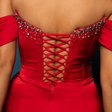 Red satin column dress with off the shoulder and high slit for hire