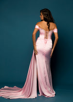 Baby pink satin column dress with off the shoulder and high slit for hire
