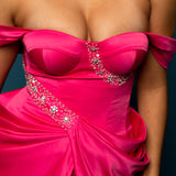 Hot pink satin column shaped dress with bustier top and ruching with high slit for hire