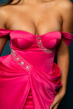 Momo hot pink satin column shaped dress with bustier top and ruching with high slit for hire