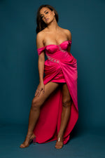 Momo hot pink satin column shaped dress with bustier top and ruching with high slit for hire