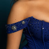 Sparkling jersey royal blue column shaped dress with crescent moon neckline and high slit for hire
