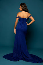 Sparkling jersey royal blue column shaped dress with crescent moon neckline and high slit for hire