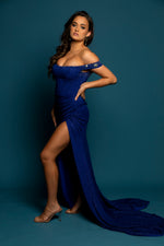 Sparkling jersey royal blue column shaped dress with crescent moon neckline and high slit