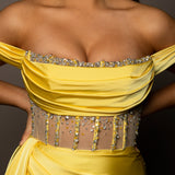 Bright yellow satin column dress with off the shoulder and high slit for hire
